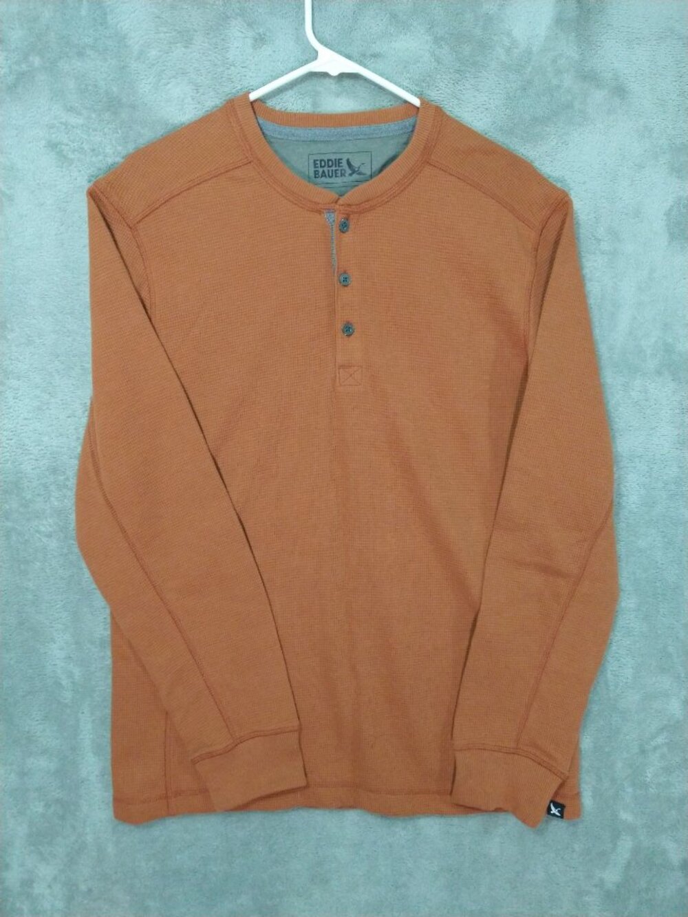 Eddie Bauer Shirt Mens Medium Orange Henley Thermal Waffle Knit Long Sleeve